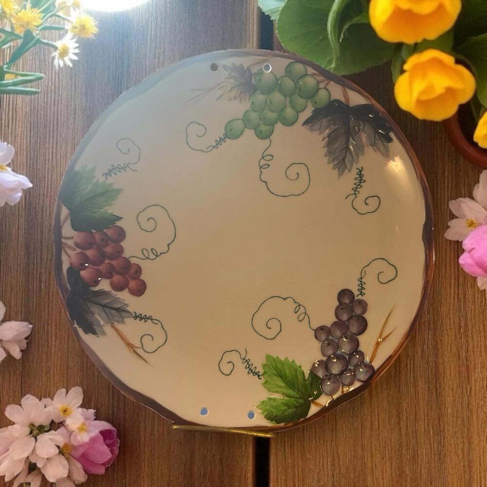 Vintage 1950's Lefton Raised Grape Design Hand Painted Plate 8” Pre Drilled Hang